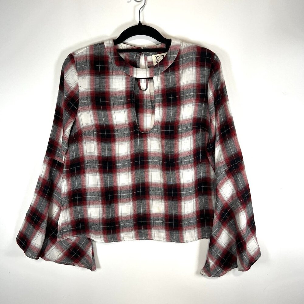 PPLA Clothing Red Checkered Top‎ Flare Sleeve Women’s Size M Boho